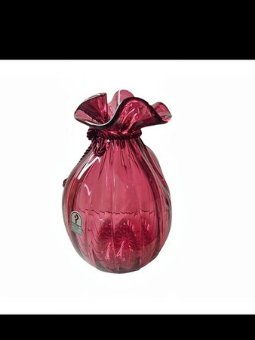 PILGRIM GLASS VASE CRANBERRY FIGURAL BAG SACK SILK CORD 9.5in TALL VINTAGE 1970s